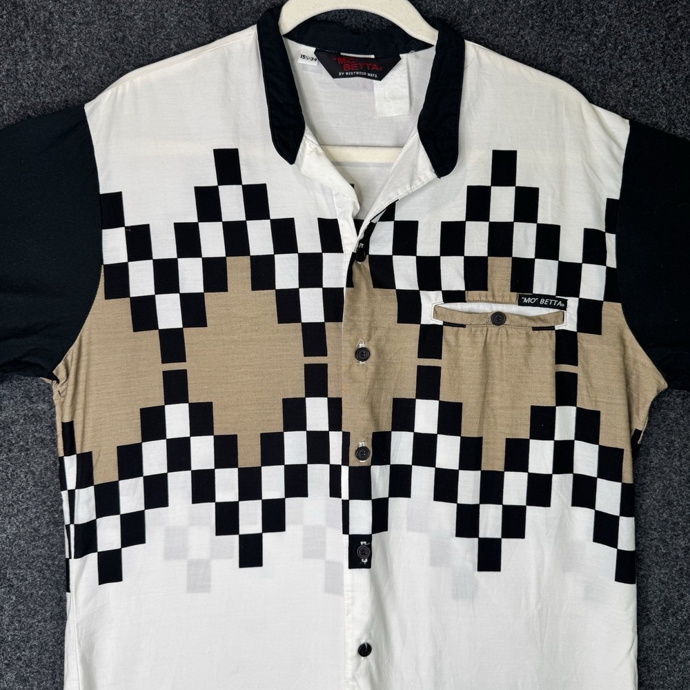 Vintage Mo Betta Mens Long Sleeve Button Shirt 15.5-34 White Black Checker Garth